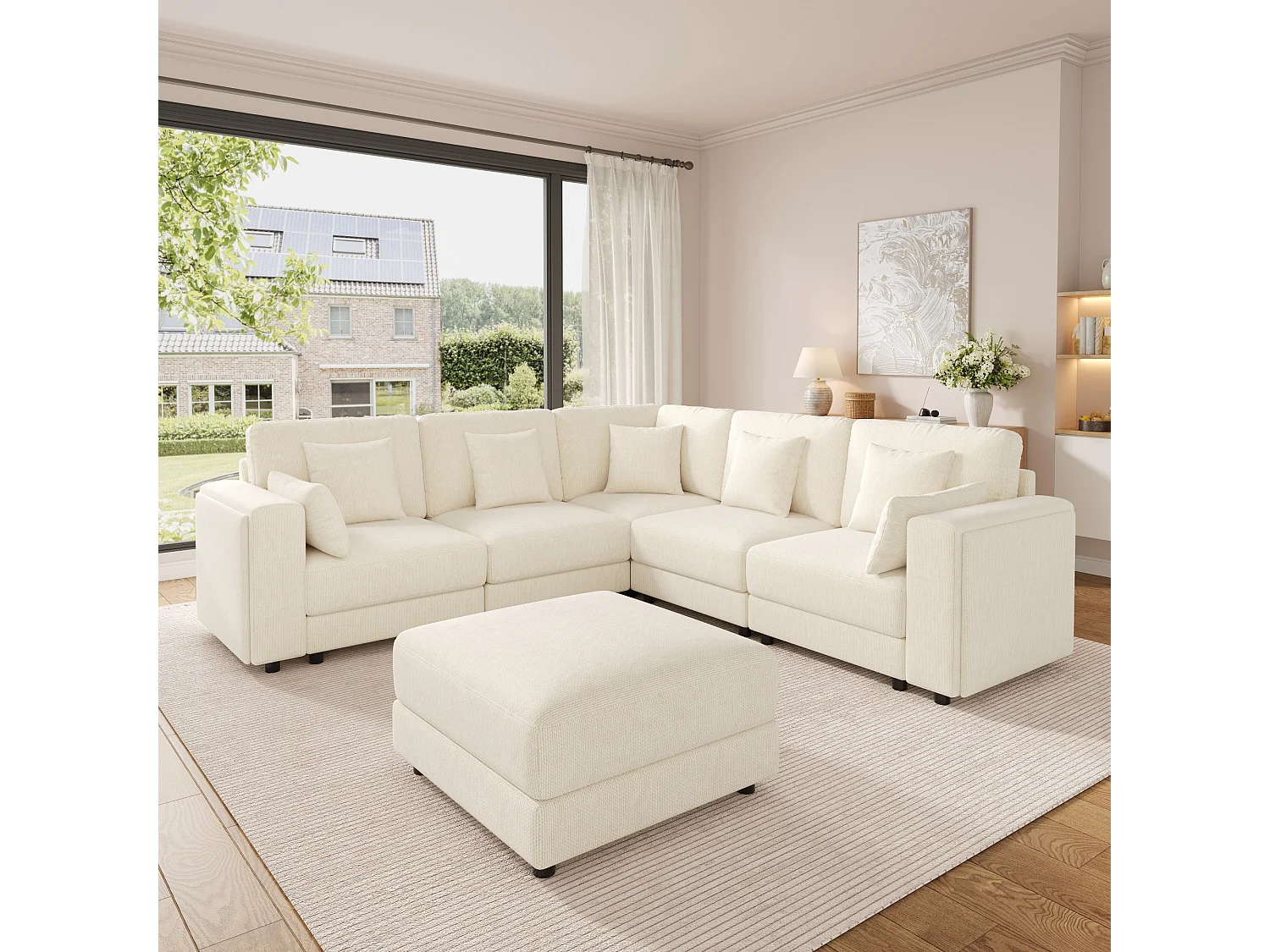 Ensemble canapé d'angle 6 places - 215 x 215 x 82 cm - avec USB + 2 accoudoirs de rangement + Pouf et coussins - chenille - beige