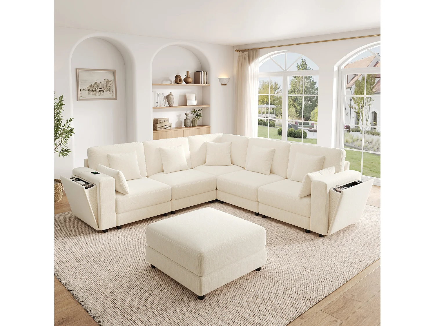 Ensemble canapé d'angle 6 places - 215 x 215 x 82 cm - avec USB + 2 accoudoirs de rangement + Pouf et coussins - chenille - beige