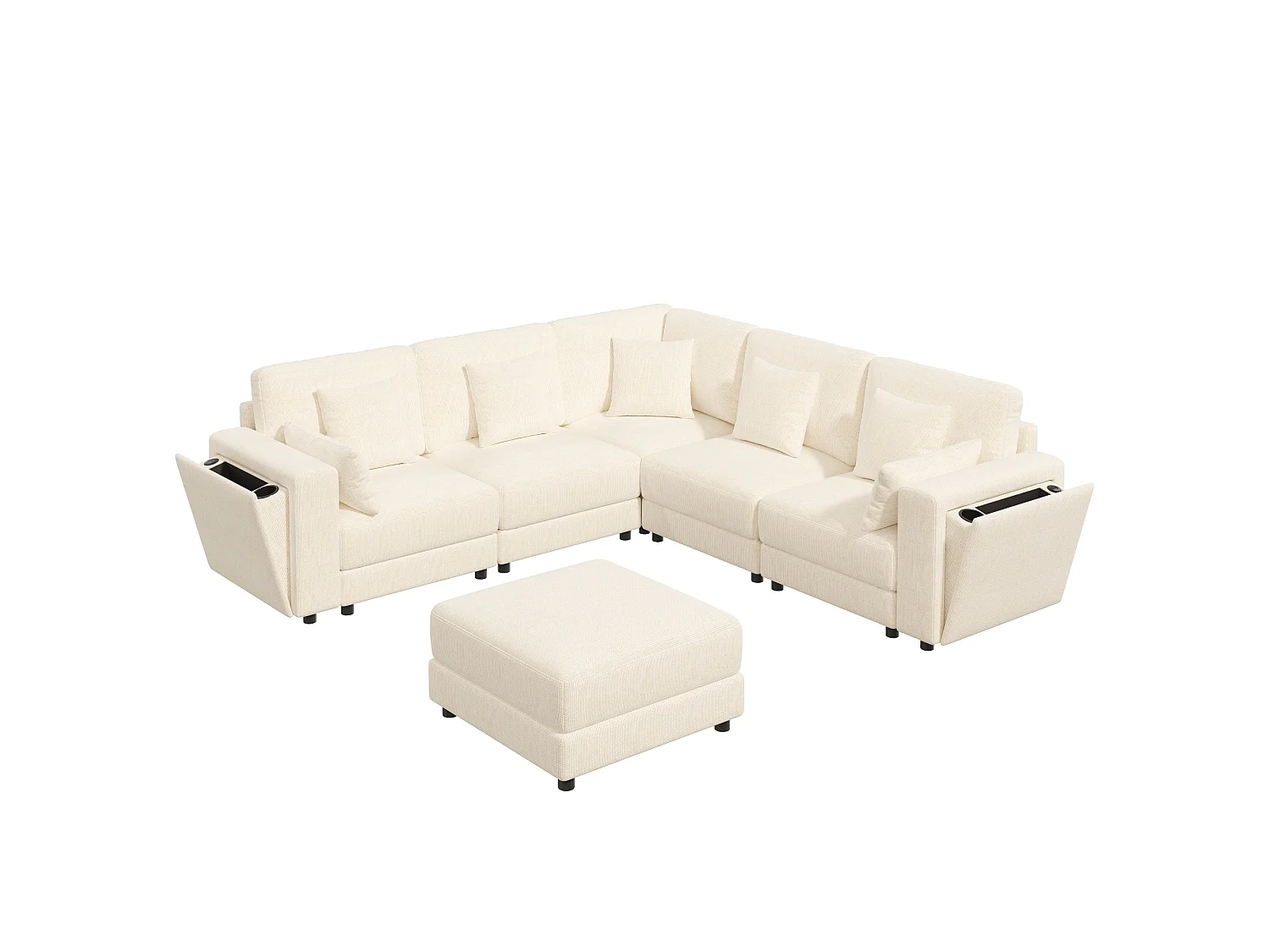 Ensemble canapé d'angle 6 places - 215 x 215 x 82 cm - avec USB + 2 accoudoirs de rangement + Pouf et coussins - chenille - beige