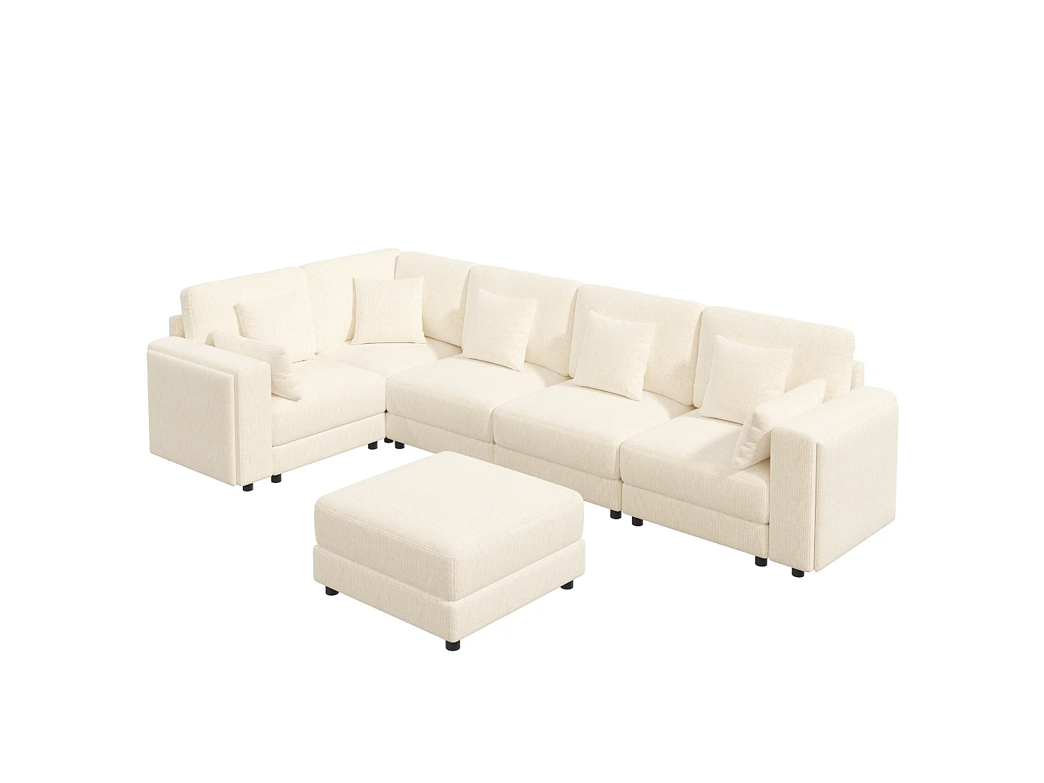 Ensemble canapé d'angle 6 places - 215 x 215 x 82 cm - avec USB + 2 accoudoirs de rangement + Pouf et coussins - chenille - beige
