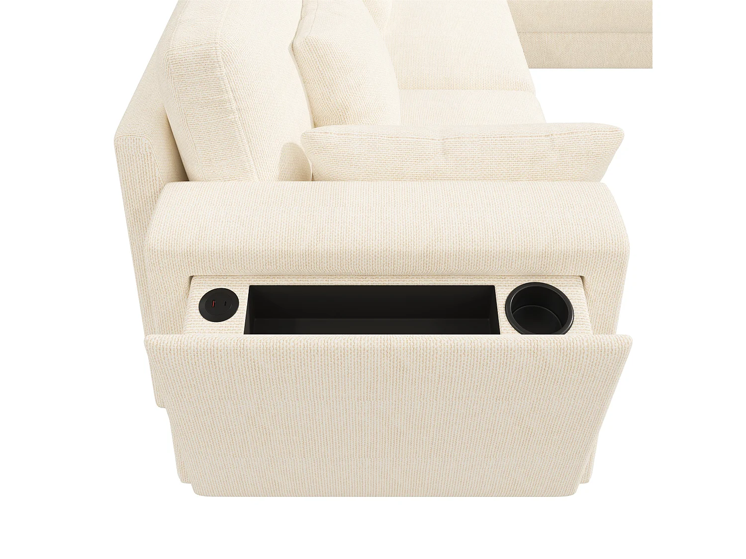 Ensemble canapé d'angle 6 places - 215 x 215 x 82 cm - avec USB + 2 accoudoirs de rangement + Pouf et coussins - chenille - beige