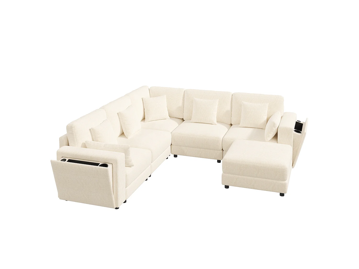 Ensemble canapé d'angle 6 places - 215 x 215 x 82 cm - avec USB + 2 accoudoirs de rangement + Pouf et coussins - chenille - beige