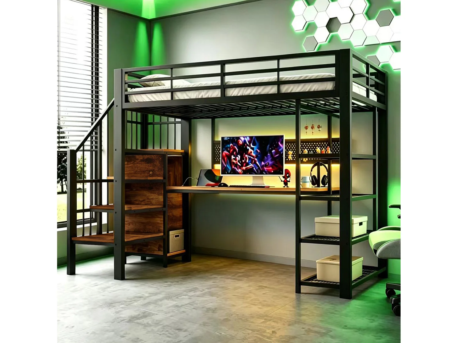 Lit mezzanine en fer - 90 x 200 cm - avec bureau + prises + Leds + étagères de rangement - métal + bois - noir