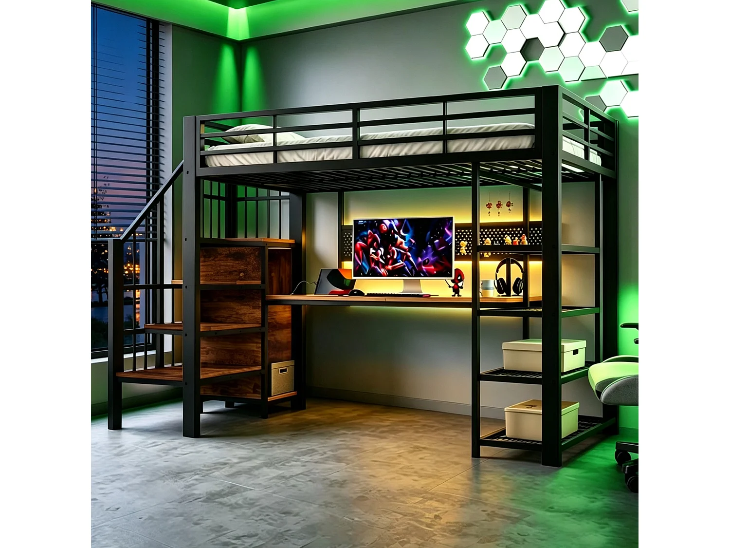 Lit mezzanine en fer - 90 x 200 cm - avec bureau + prises + Leds + étagères de rangement - métal + bois - noir