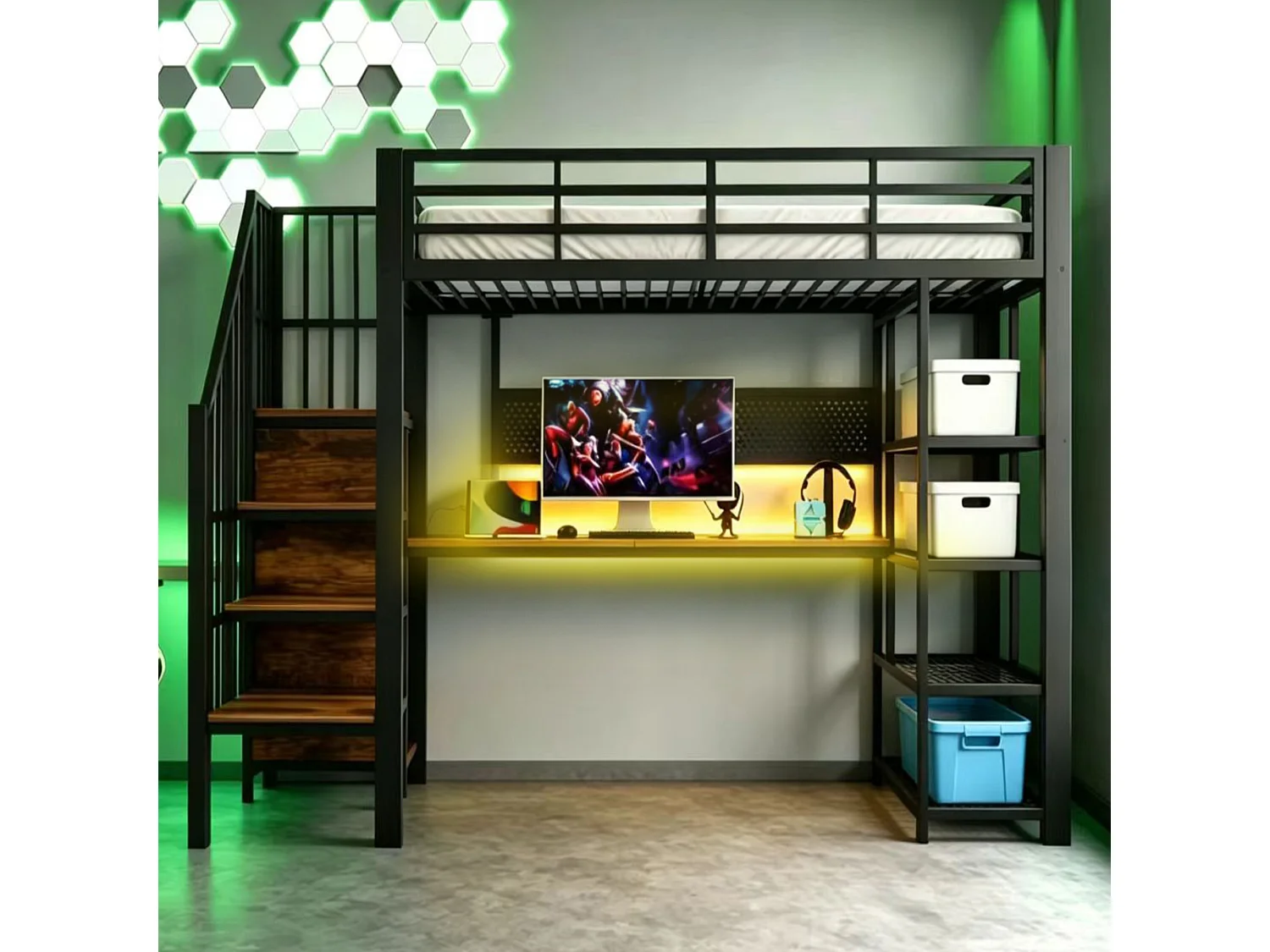 Lit mezzanine en fer - 90 x 200 cm - avec bureau + prises + Leds + étagères de rangement - métal + bois - noir