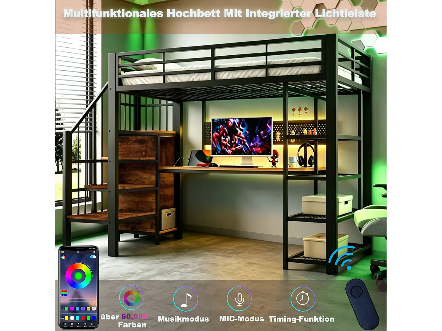 Lit mezzanine en fer - 90 x 200 cm - avec bureau + prises + Leds + étagères de rangement - métal + bois - noir