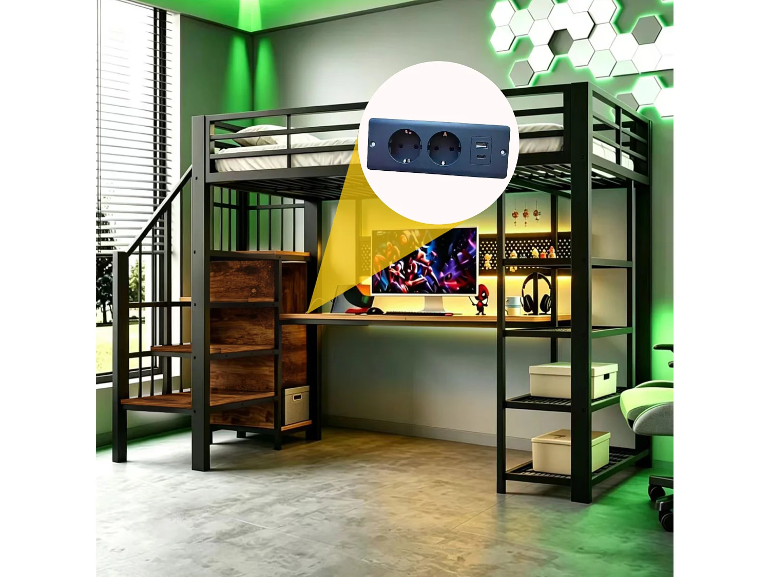 Lit mezzanine en fer - 90 x 200 cm - avec bureau + prises + Leds + étagères de rangement - métal + bois - noir