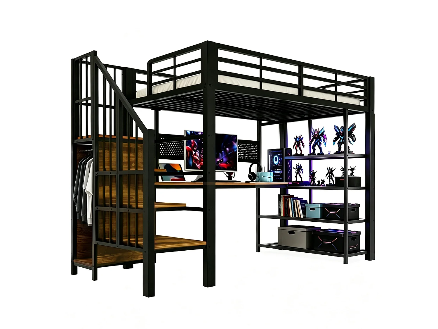Lit mezzanine en fer - 90 x 200 cm - avec bureau + prises + Leds + étagères de rangement - métal + bois - noir