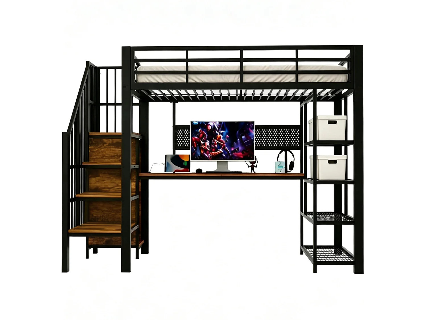 Lit mezzanine en fer - 90 x 200 cm - avec bureau + prises + Leds + étagères de rangement - métal + bois - noir