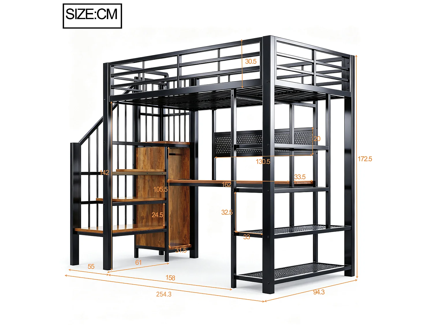 Lit mezzanine en fer - 90 x 200 cm - avec bureau + prises + Leds + étagères de rangement - métal + bois - noir