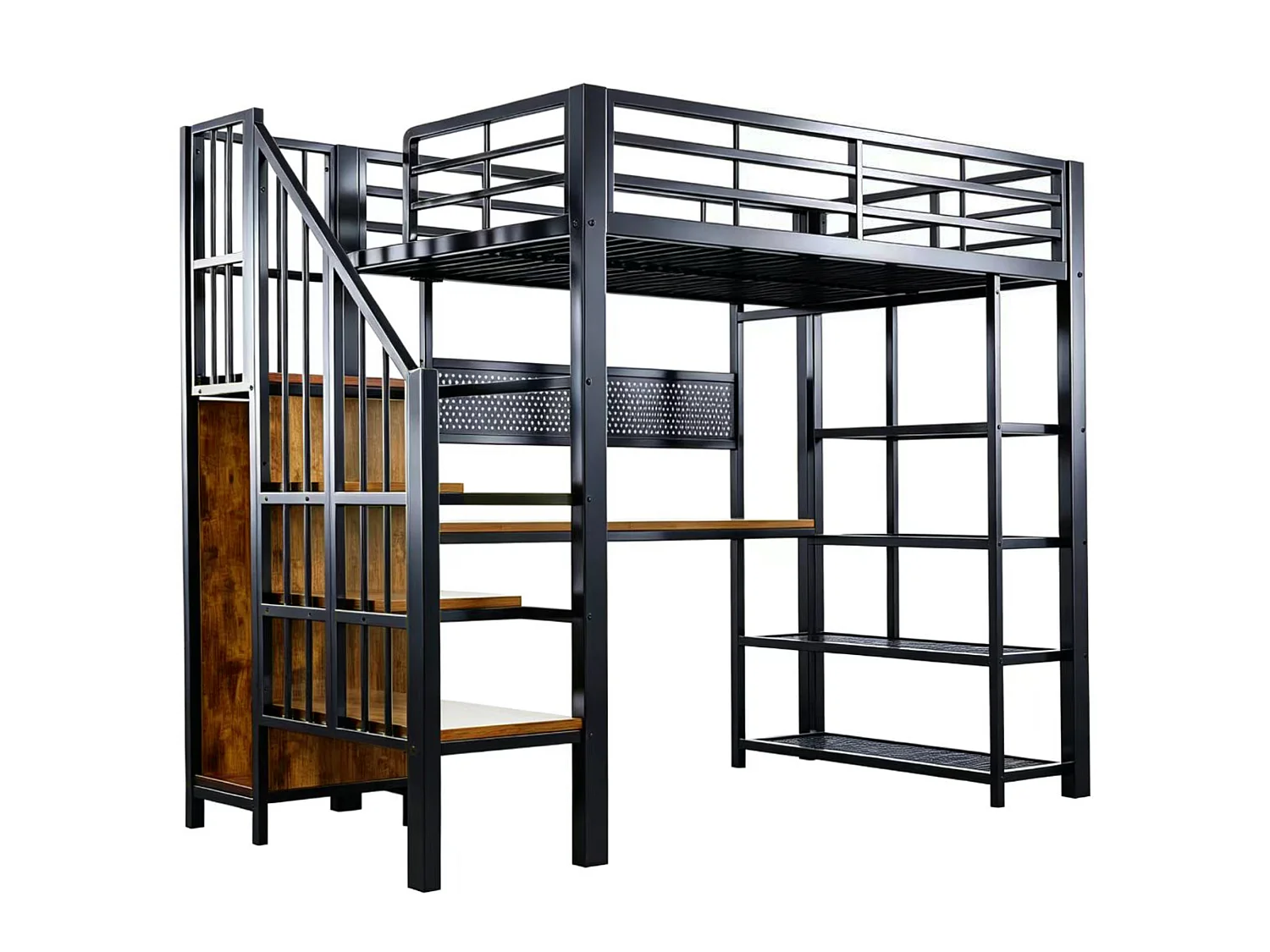 Lit mezzanine en fer - 90 x 200 cm - avec bureau + prises + Leds + étagères de rangement - métal + bois - noir