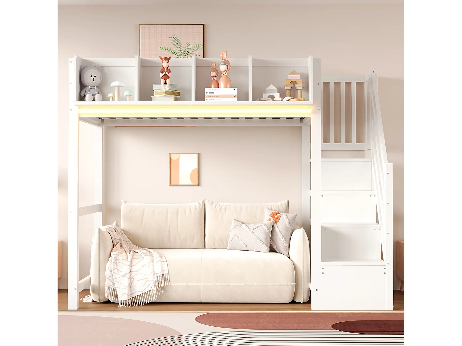 Lit mezzanine enfant - 90 x 200 cm - avec barrière et étagère + escalier de rangement + Leds - bois - blanc