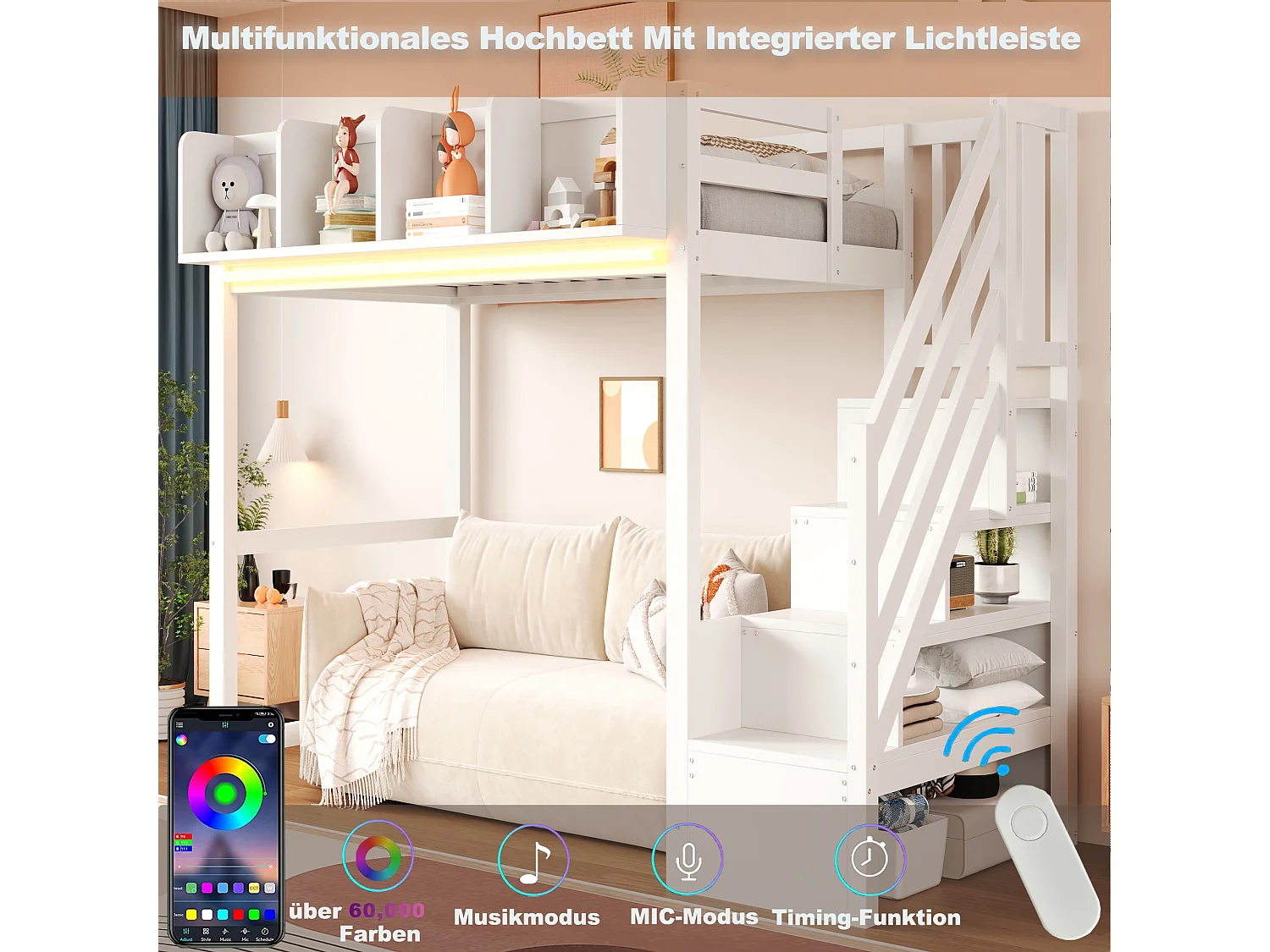 Lit mezzanine enfant - 90 x 200 cm - avec barrière et étagère + escalier de rangement + Leds - bois - blanc