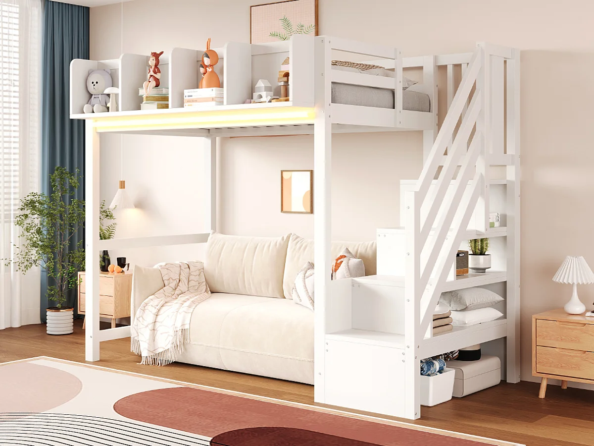 Lit mezzanine enfant - 90 x 200 cm - avec barrière et étagère + escalier de rangement + Leds - bois - blanc