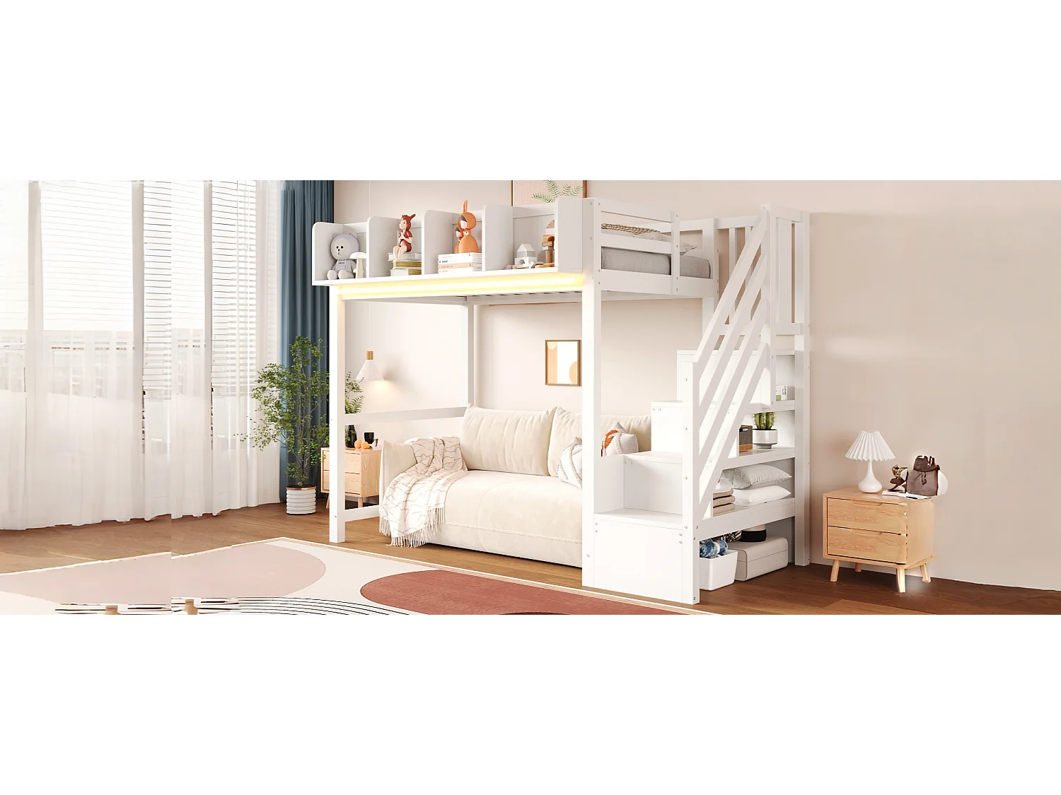 Lit mezzanine enfant - 90 x 200 cm - avec barrière et étagère + escalier de rangement + Leds - bois - blanc
