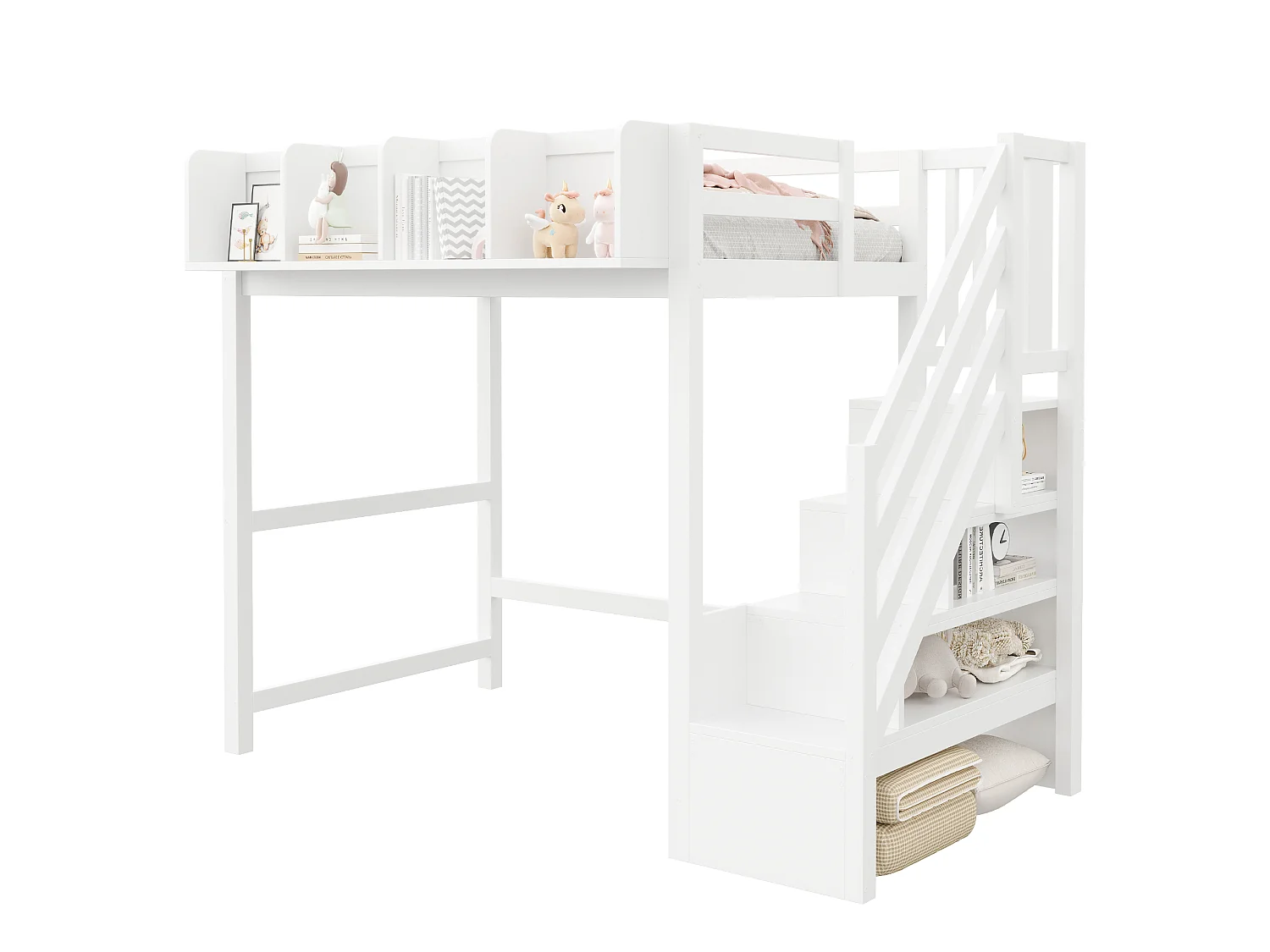 Lit mezzanine enfant - 90 x 200 cm - avec barrière et étagère + escalier de rangement + Leds - bois - blanc