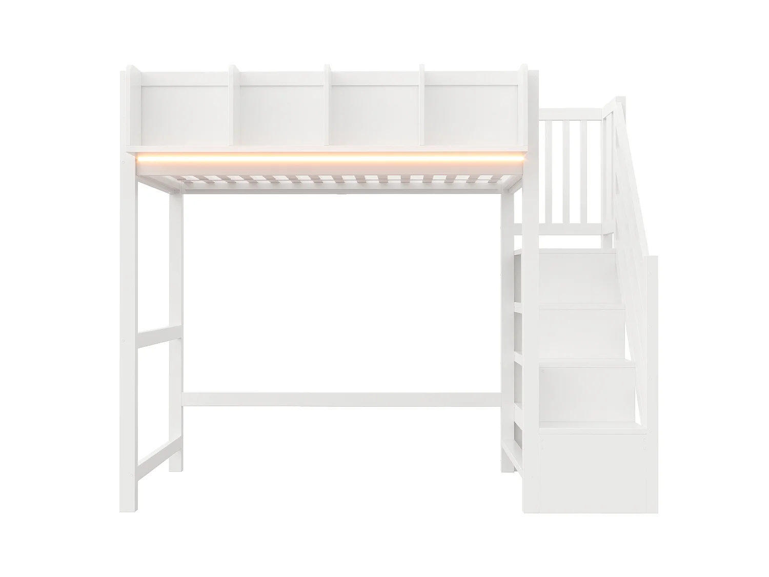 Lit mezzanine enfant - 90 x 200 cm - avec barrière et étagère + escalier de rangement + Leds - bois - blanc