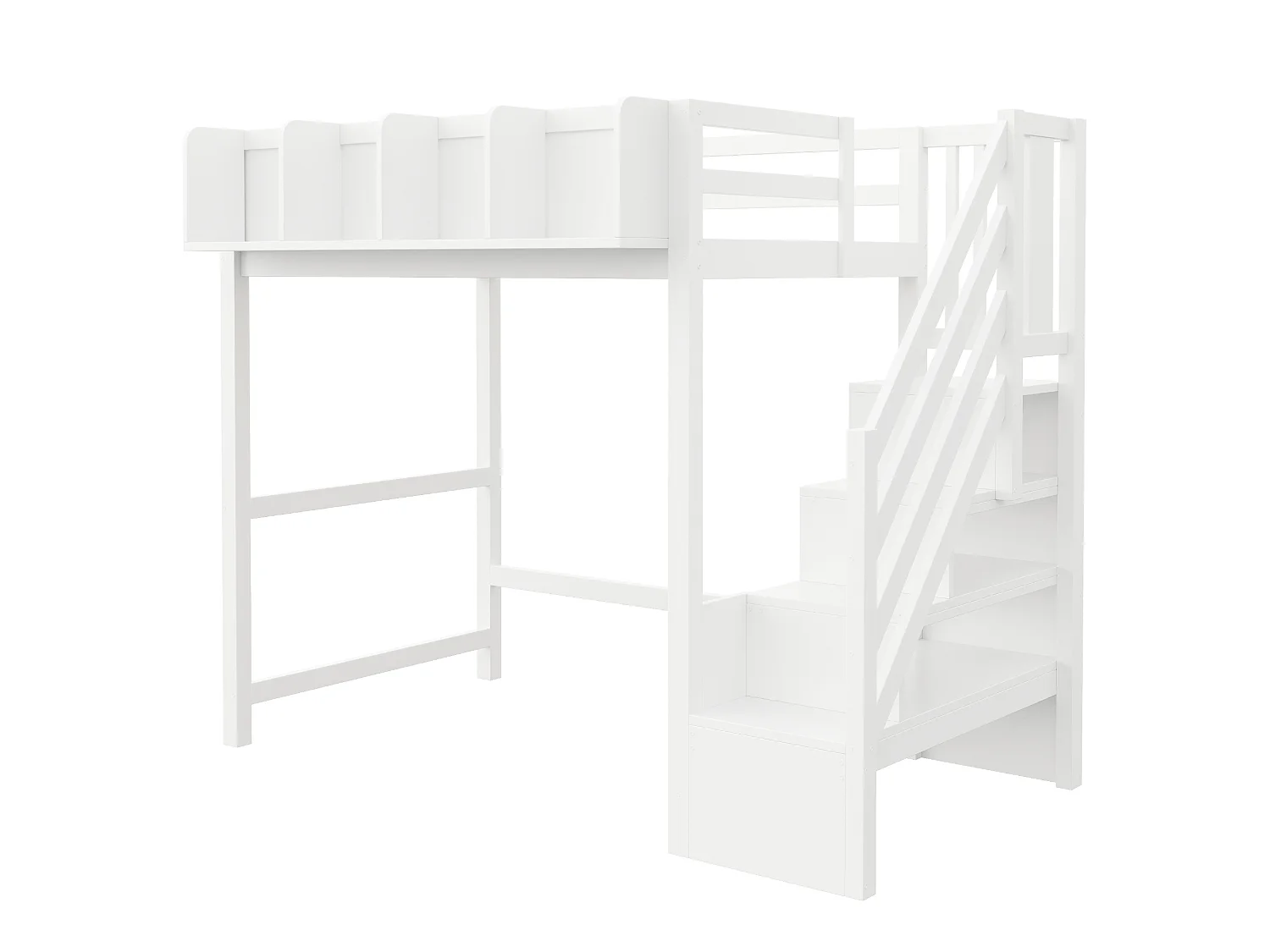 Lit mezzanine enfant - 90 x 200 cm - avec barrière et étagère + escalier de rangement + Leds - bois - blanc