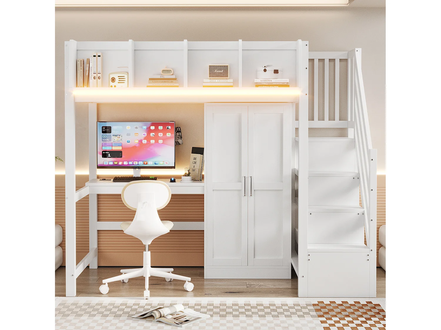 Lit mezzanine enfant - 90 x 200 cm - avec bureau + armoire + escalier de rangement + Leds + prises - bois - blanc