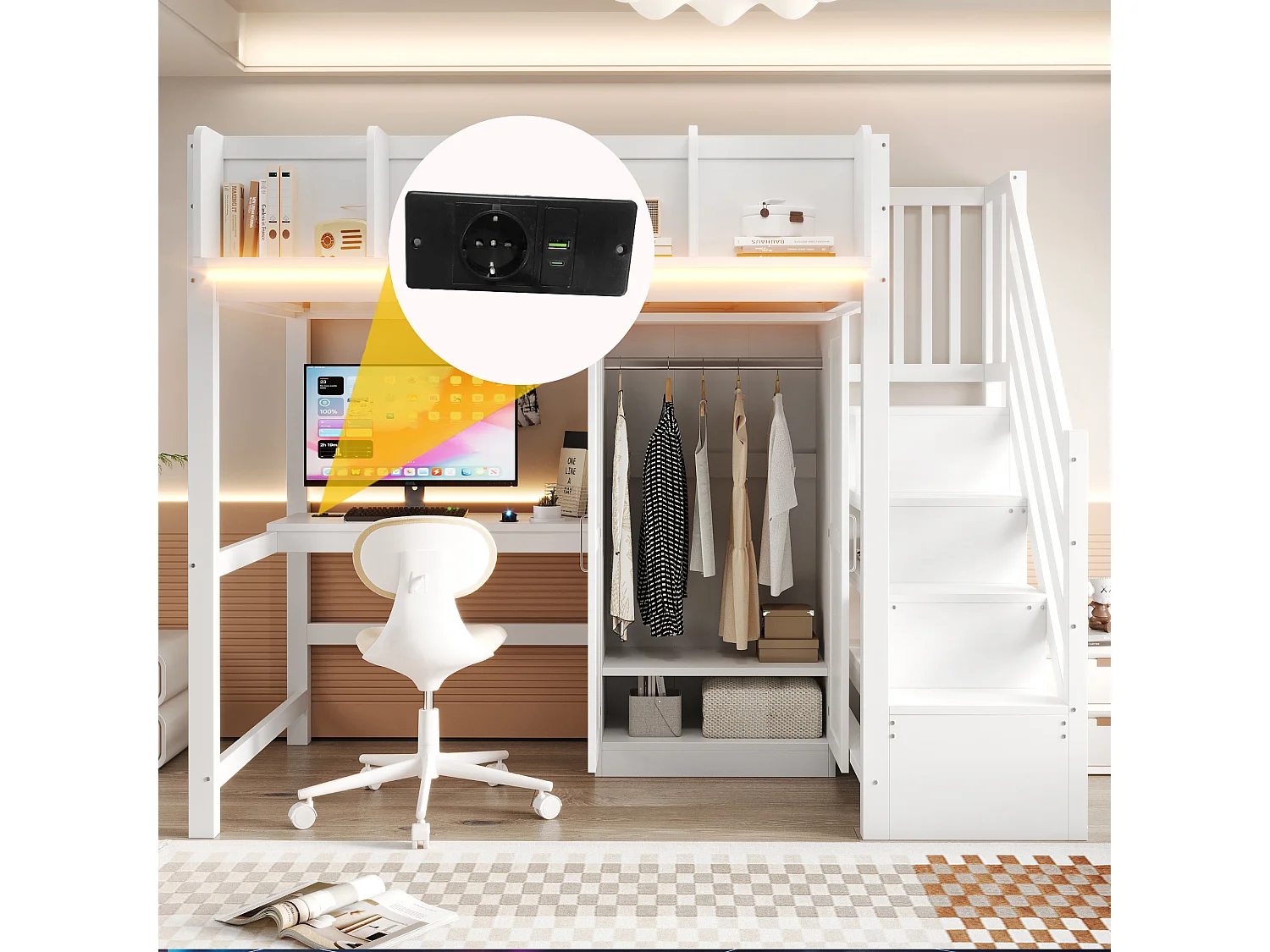 Lit mezzanine enfant - 90 x 200 cm - avec bureau + armoire + escalier de rangement + Leds + prises - bois - blanc