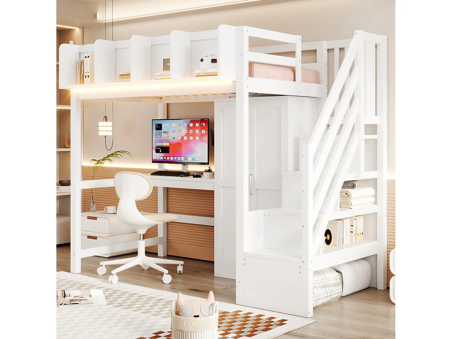 Lit mezzanine enfant - 90 x 200 cm - avec bureau + armoire + escalier de rangement + Leds + prises - bois - blanc