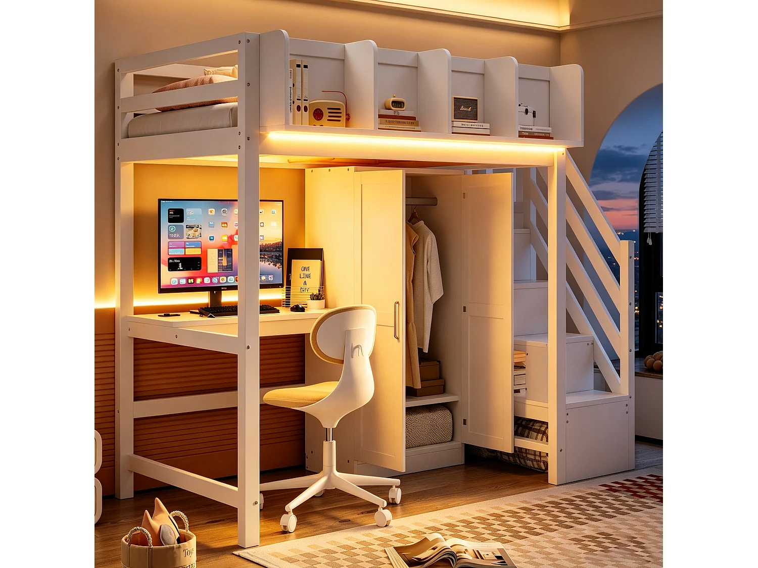 Lit mezzanine enfant - 90 x 200 cm - avec bureau + armoire + escalier de rangement + Leds + prises - bois - blanc
