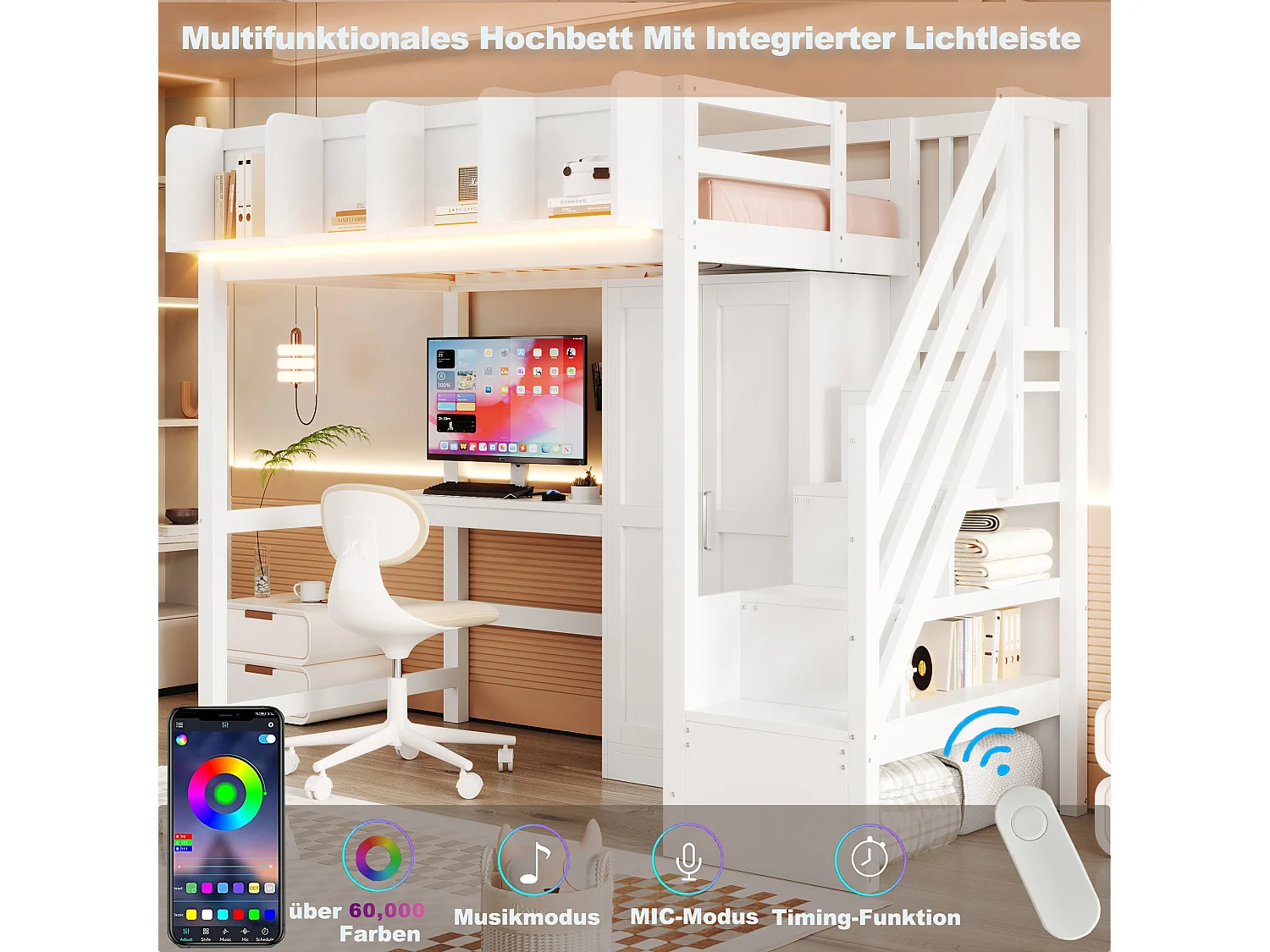 Lit mezzanine enfant - 90 x 200 cm - avec bureau + armoire + escalier de rangement + Leds + prises - bois - blanc
