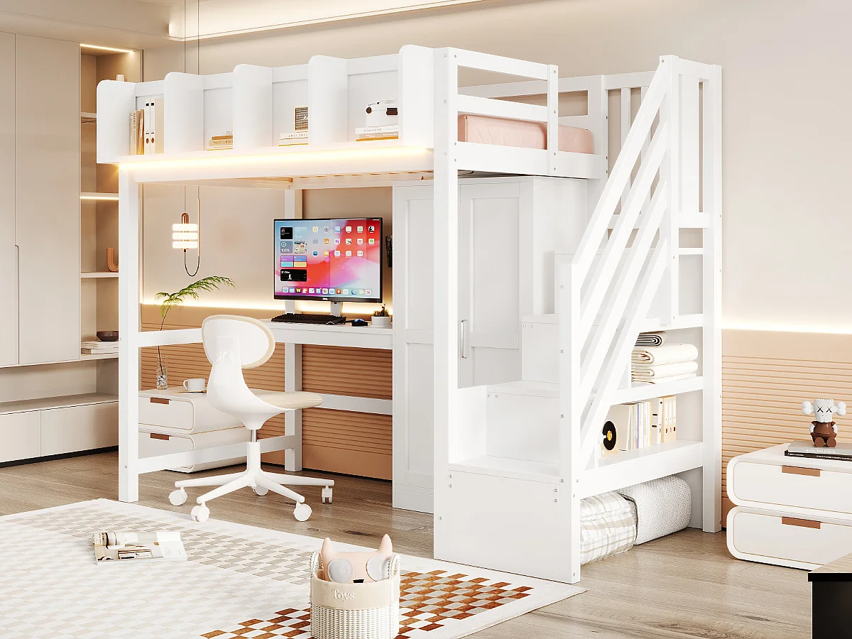 Lit mezzanine enfant - 90 x 200 cm - avec bureau + armoire + escalier de rangement + Leds + prises - bois - blanc