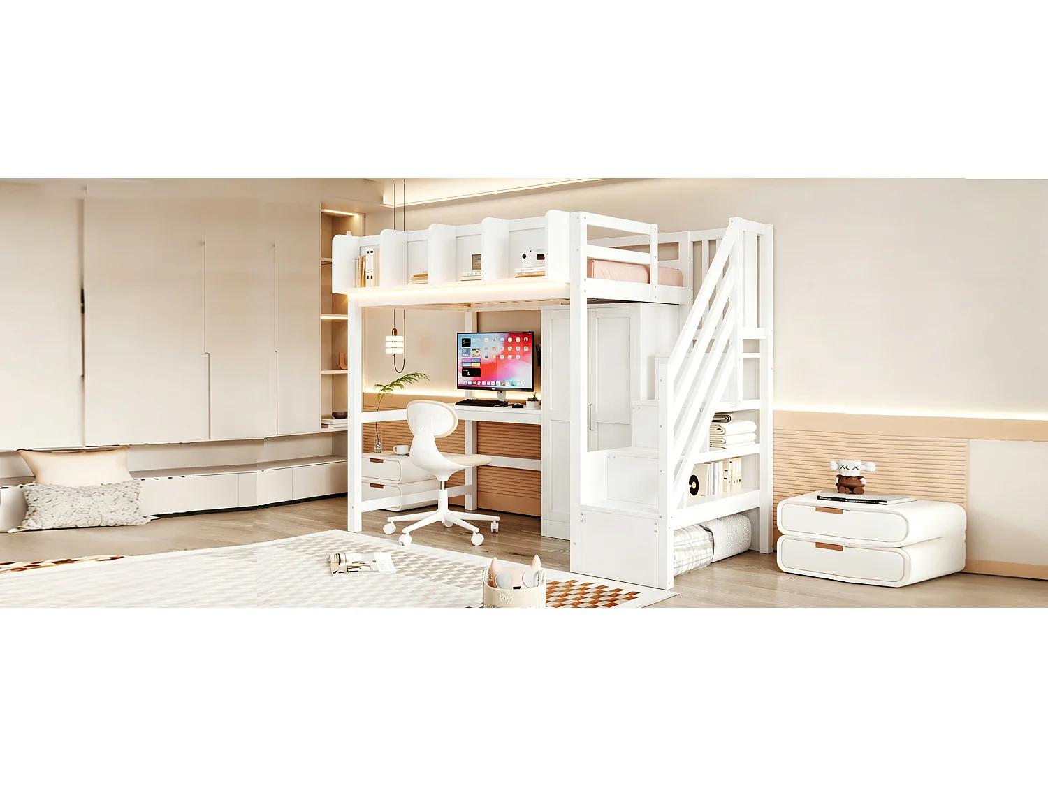 Lit mezzanine enfant - 90 x 200 cm - avec bureau + armoire + escalier de rangement + Leds + prises - bois - blanc