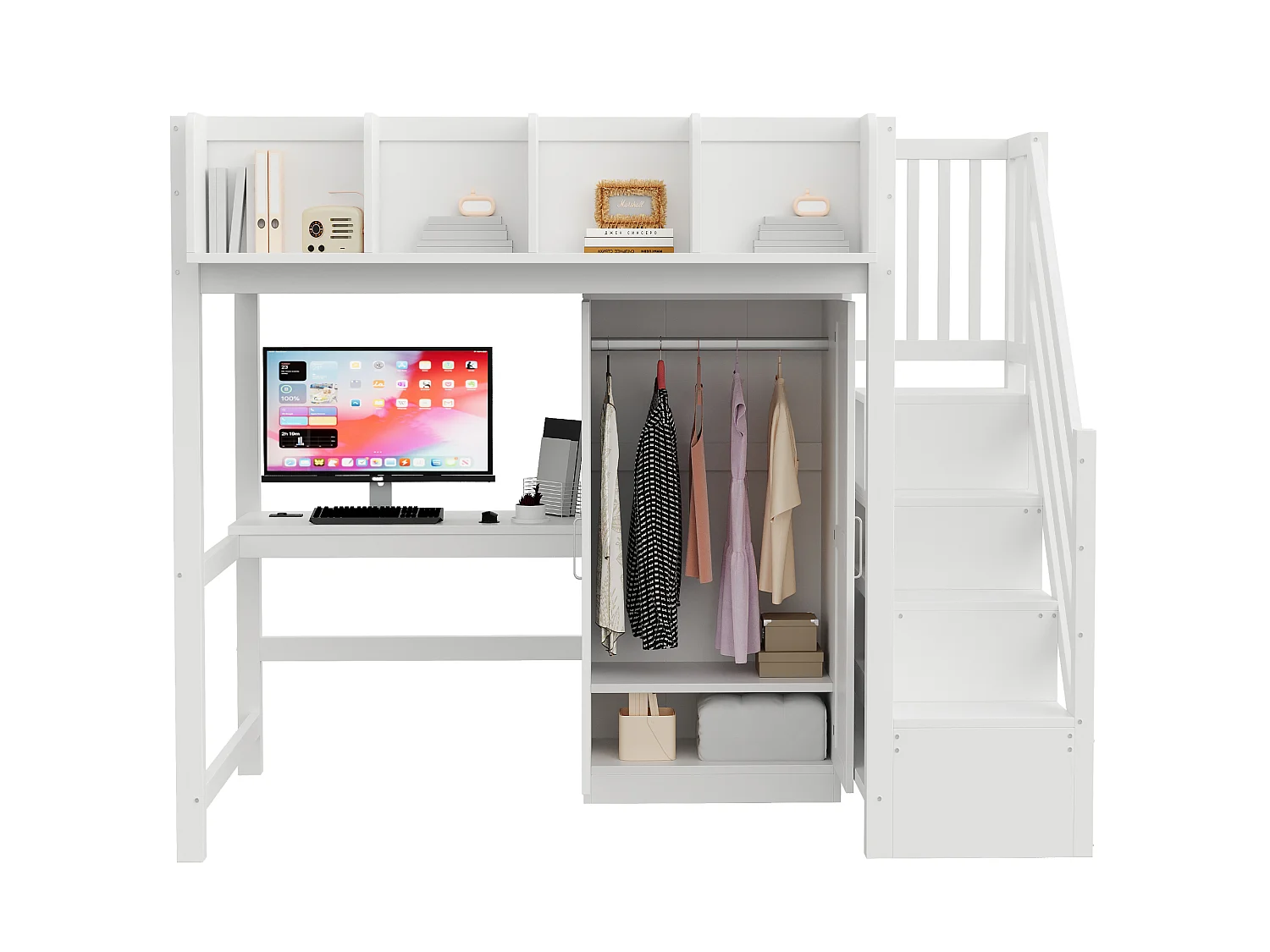 Lit mezzanine enfant - 90 x 200 cm - avec bureau + armoire + escalier de rangement + Leds + prises - bois - blanc