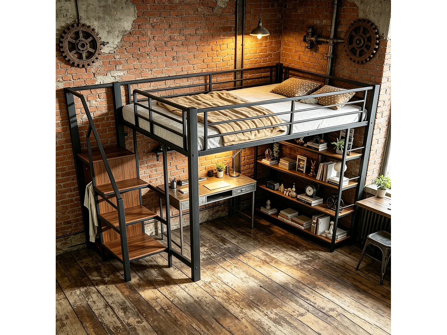 Lit mezzanine - 140 x 200 cm - avec étagères de rangement + escalier de rangement + penderie - noir