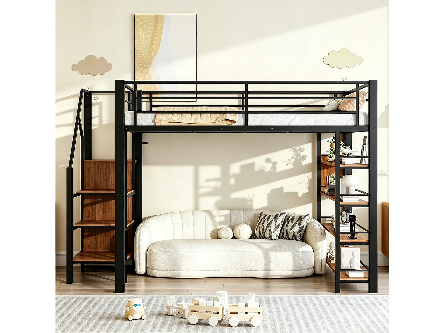Lit mezzanine - 140 x 200 cm - avec étagères de rangement + escalier de rangement + penderie - noir