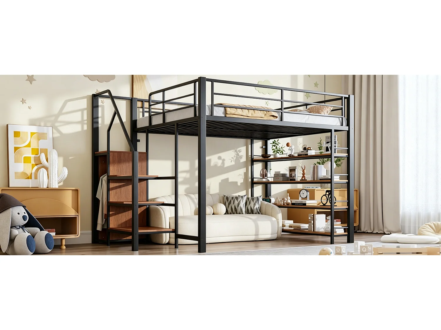 Lit mezzanine - 140 x 200 cm - avec étagères de rangement + escalier de rangement + penderie - noir
