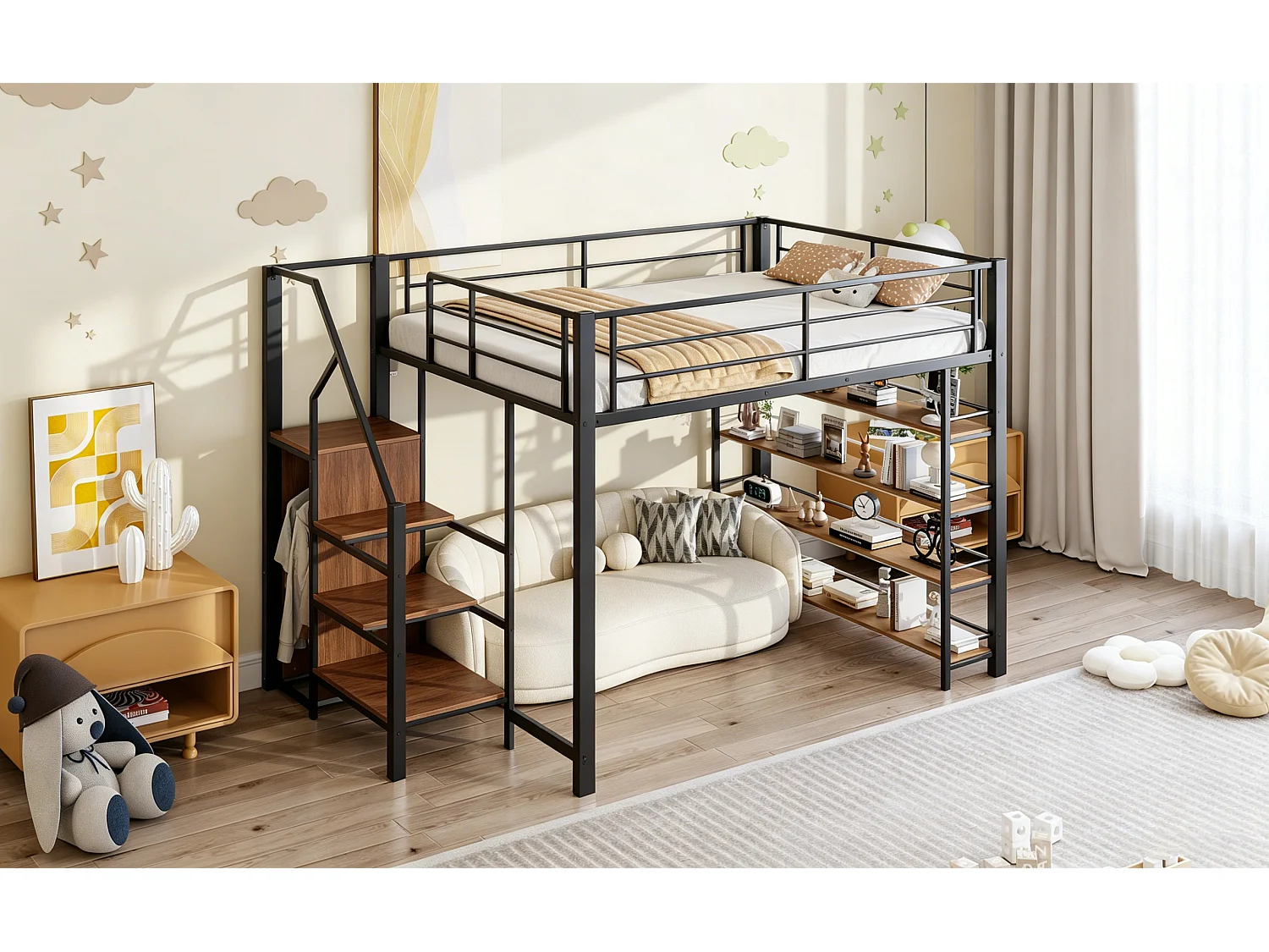 Lit mezzanine - 140 x 200 cm - avec étagères de rangement + escalier de rangement + penderie - noir