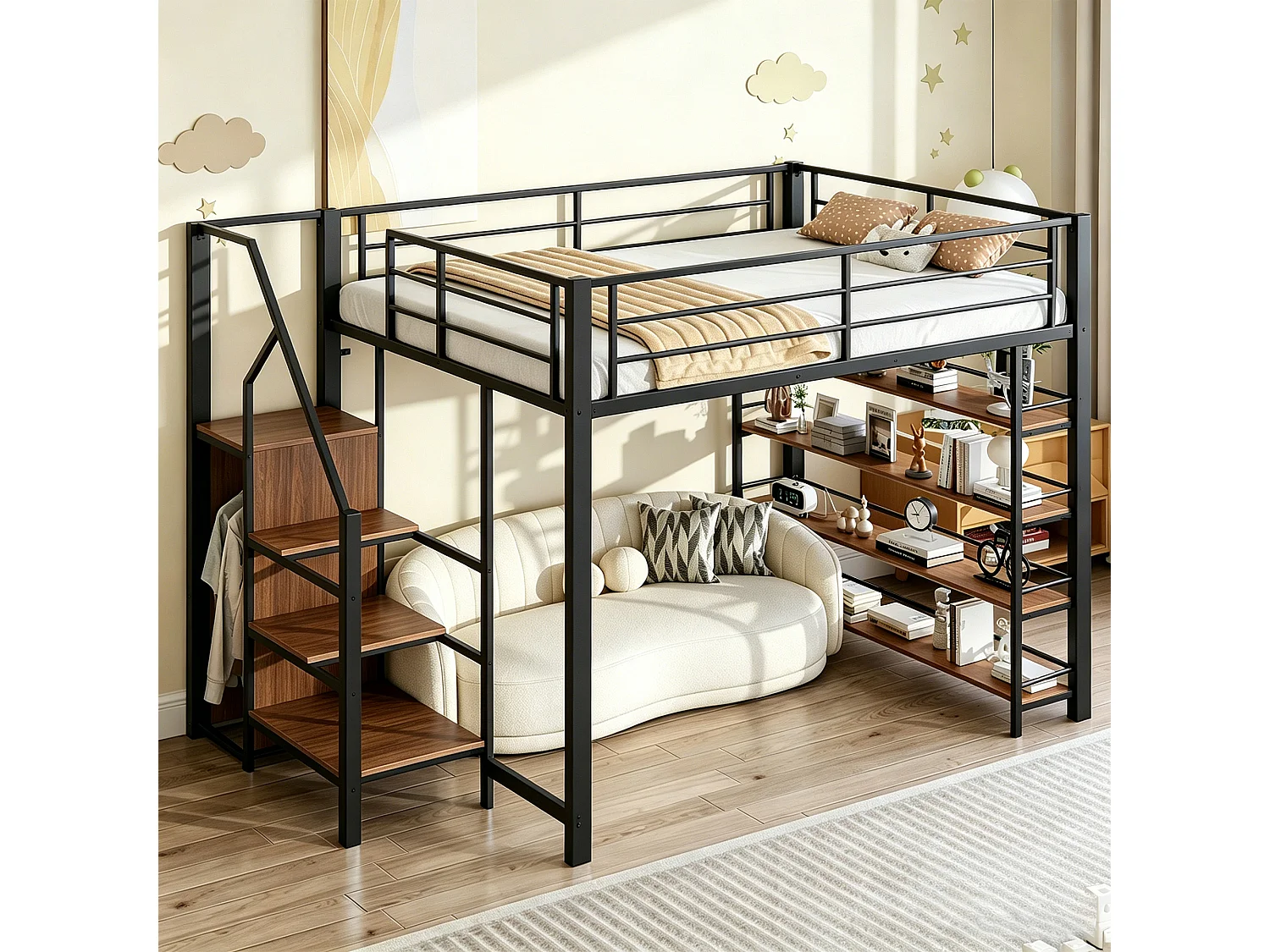 Lit mezzanine - 140 x 200 cm - avec étagères de rangement + escalier de rangement + penderie - noir