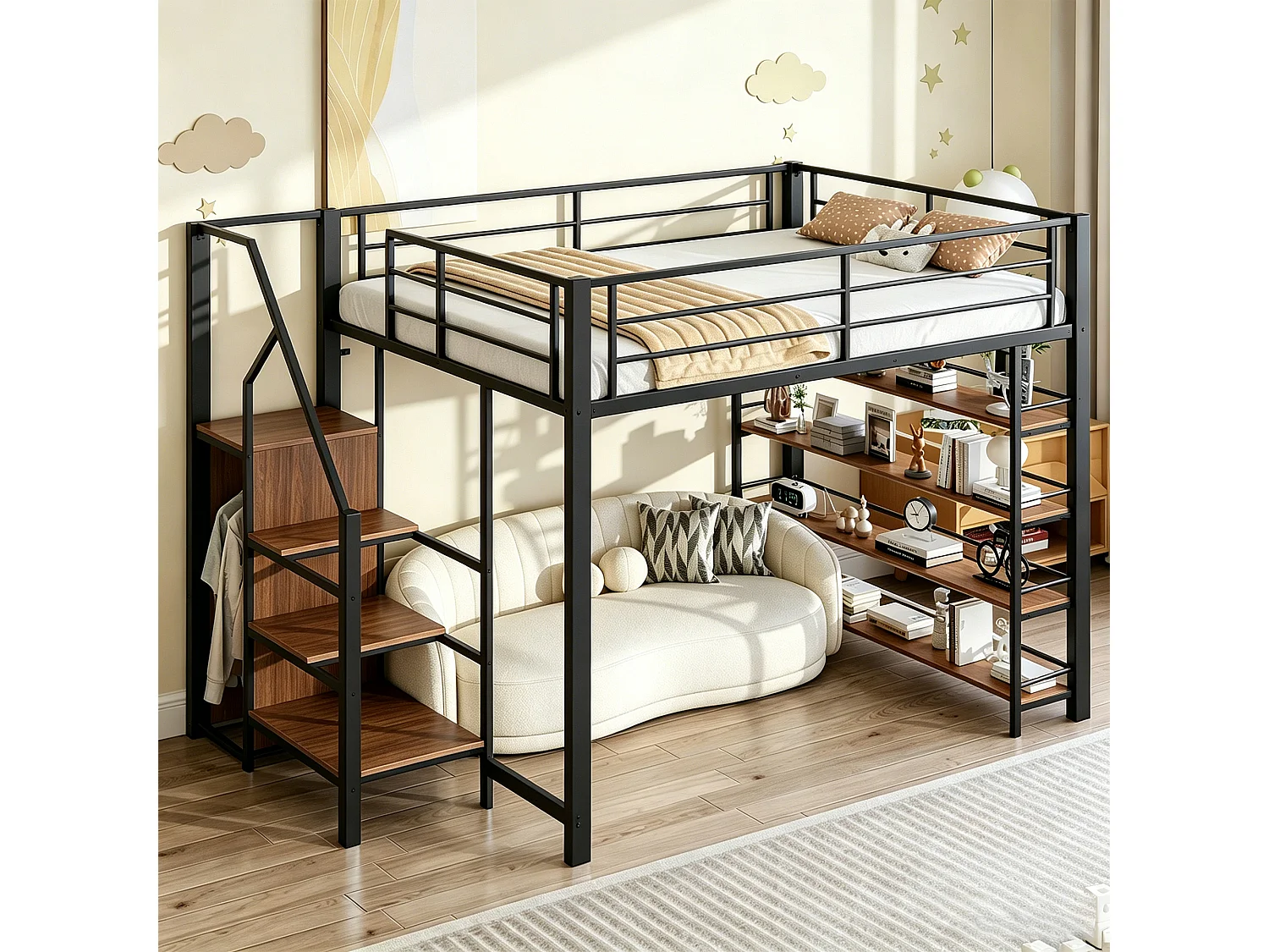 Lit mezzanine - 140 x 200 cm - avec étagères de rangement + escalier de rangement + penderie - noir