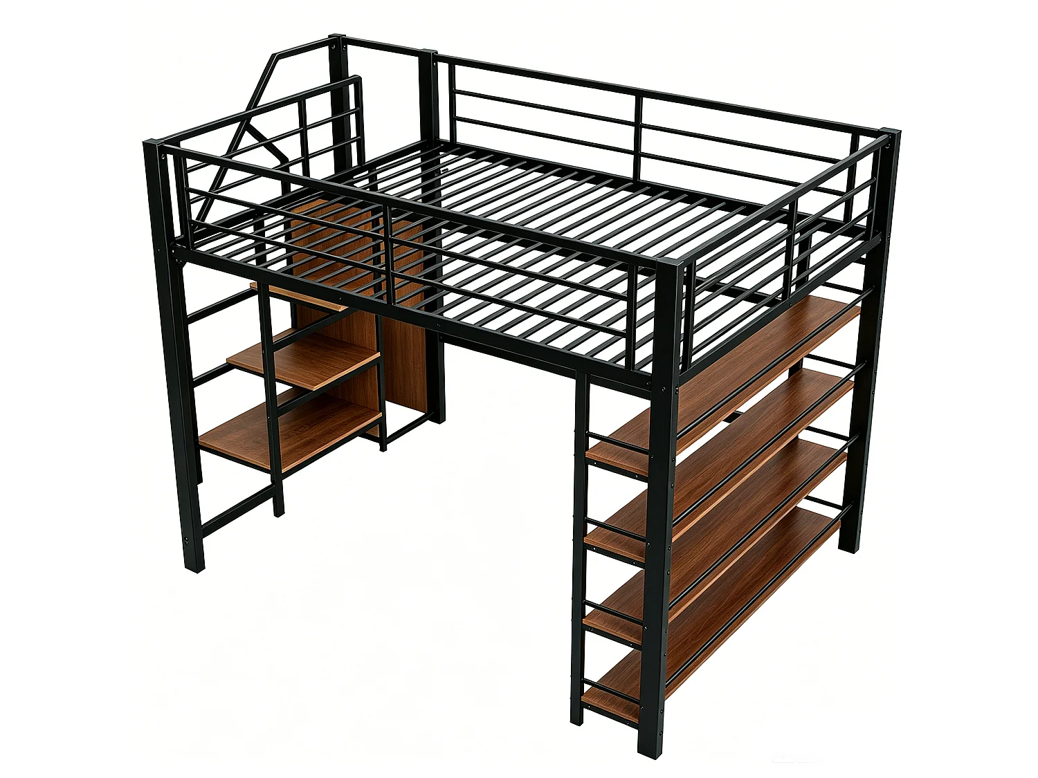 Lit mezzanine - 140 x 200 cm - avec étagères de rangement + escalier de rangement + penderie - noir