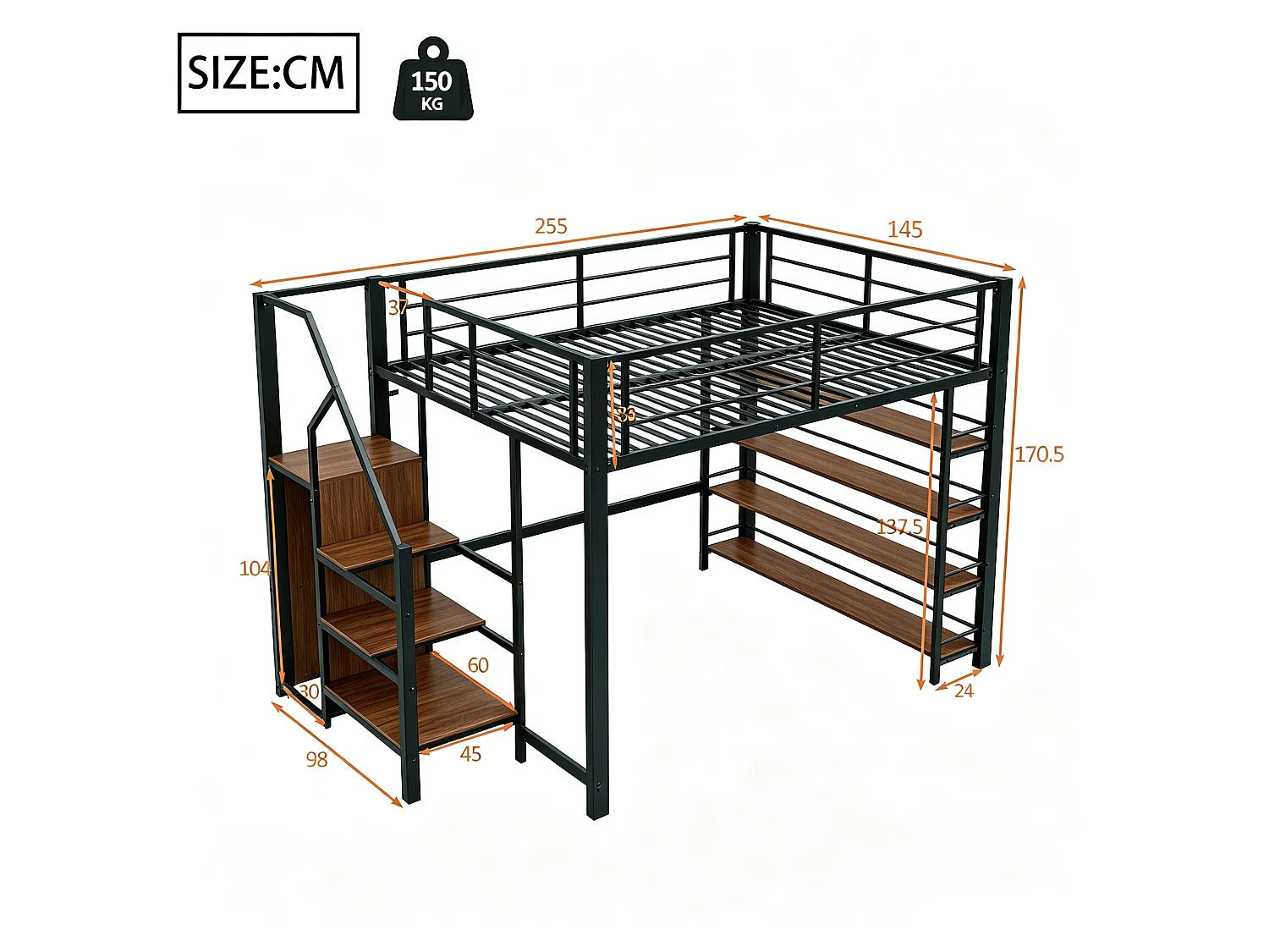 Lit mezzanine - 140 x 200 cm - avec étagères de rangement + escalier de rangement + penderie - noir