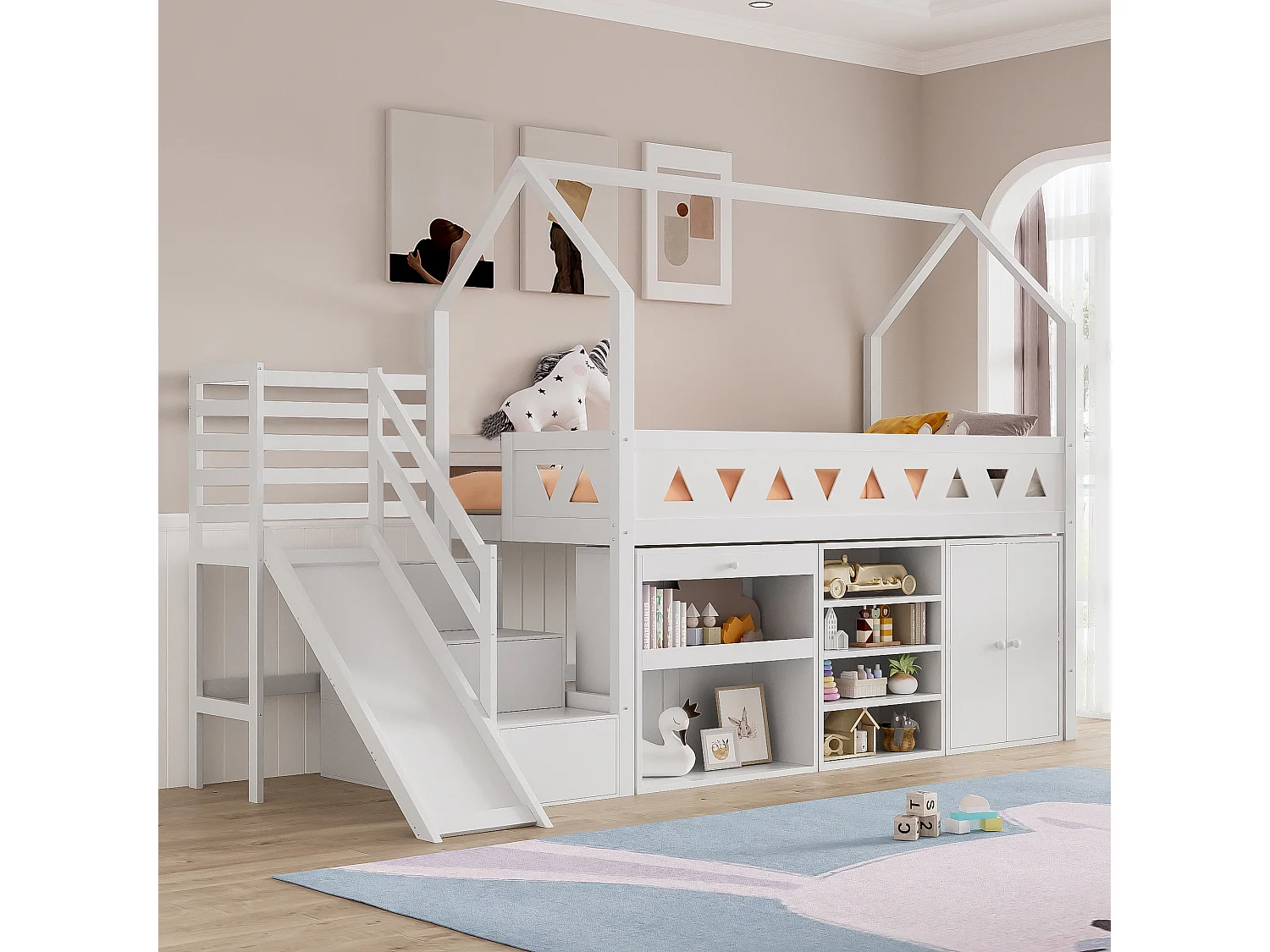 Lit mezzanine enfant - 90 x 200 cm - avec toboggan + escalier + tiroirs + casier - bois massif - blanc