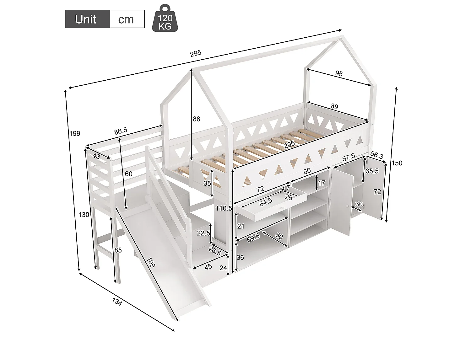 Lit mezzanine enfant - 90 x 200 cm - avec toboggan + escalier + tiroirs + casier - bois massif - blanc