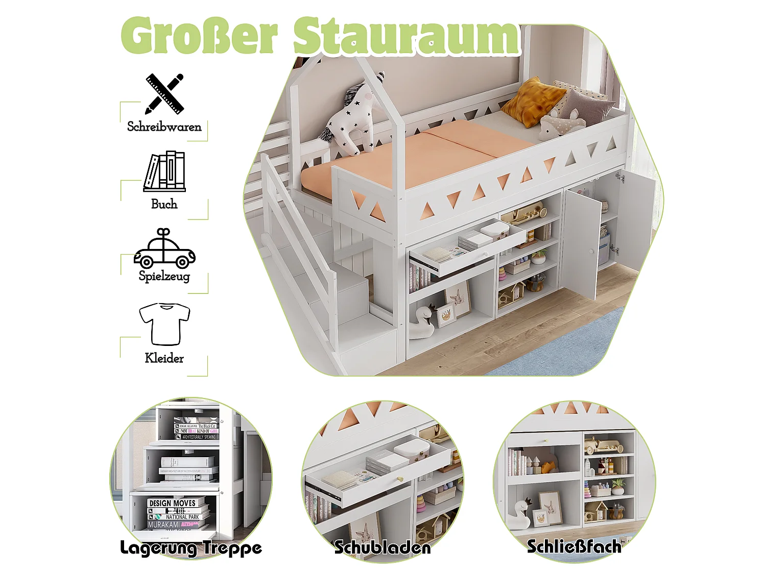 Lit mezzanine enfant - 90 x 200 cm - avec toboggan + escalier + tiroirs + casier - bois massif - blanc