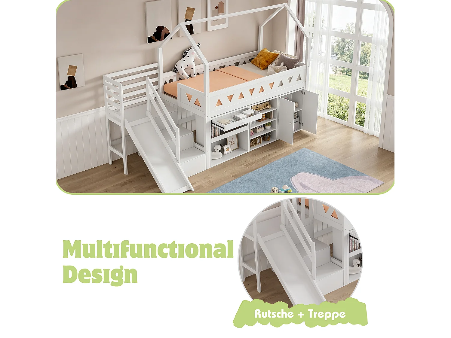 Lit mezzanine enfant - 90 x 200 cm - avec toboggan + escalier + tiroirs + casier - bois massif - blanc