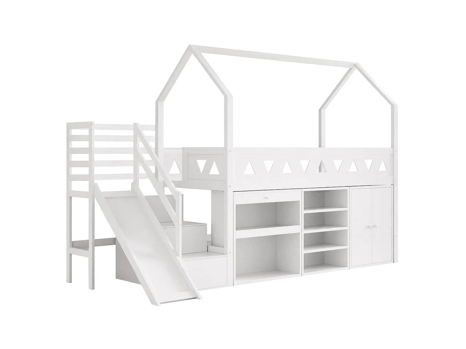 Lit mezzanine enfant - 90 x 200 cm - avec toboggan + escalier + tiroirs + casier - bois massif - blanc