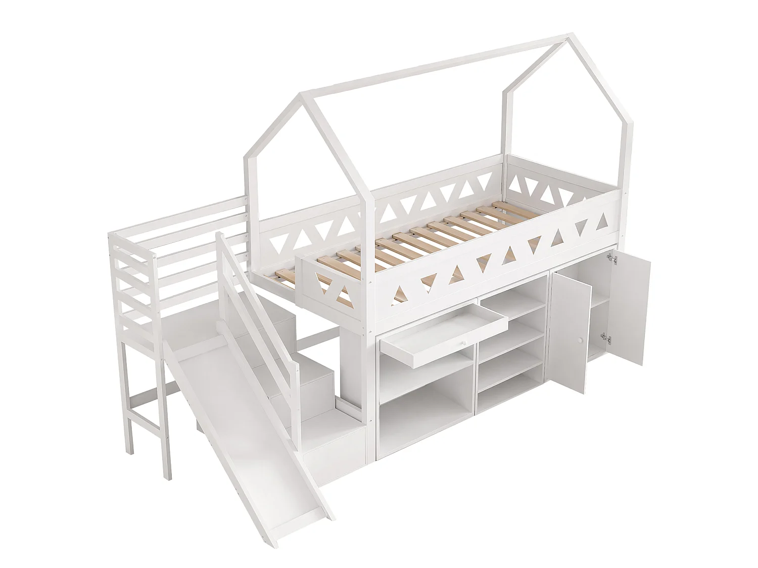 Lit mezzanine enfant - 90 x 200 cm - avec toboggan + escalier + tiroirs + casier - bois massif - blanc