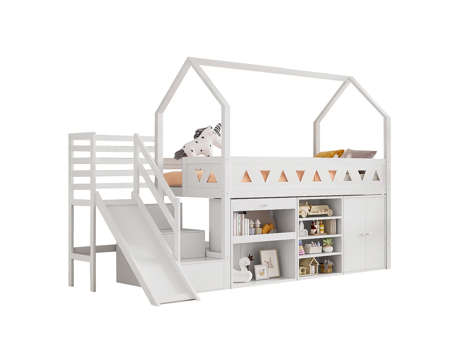 Lit mezzanine enfant - 90 x 200 cm - avec toboggan + escalier + tiroirs + casier - bois massif - blanc
