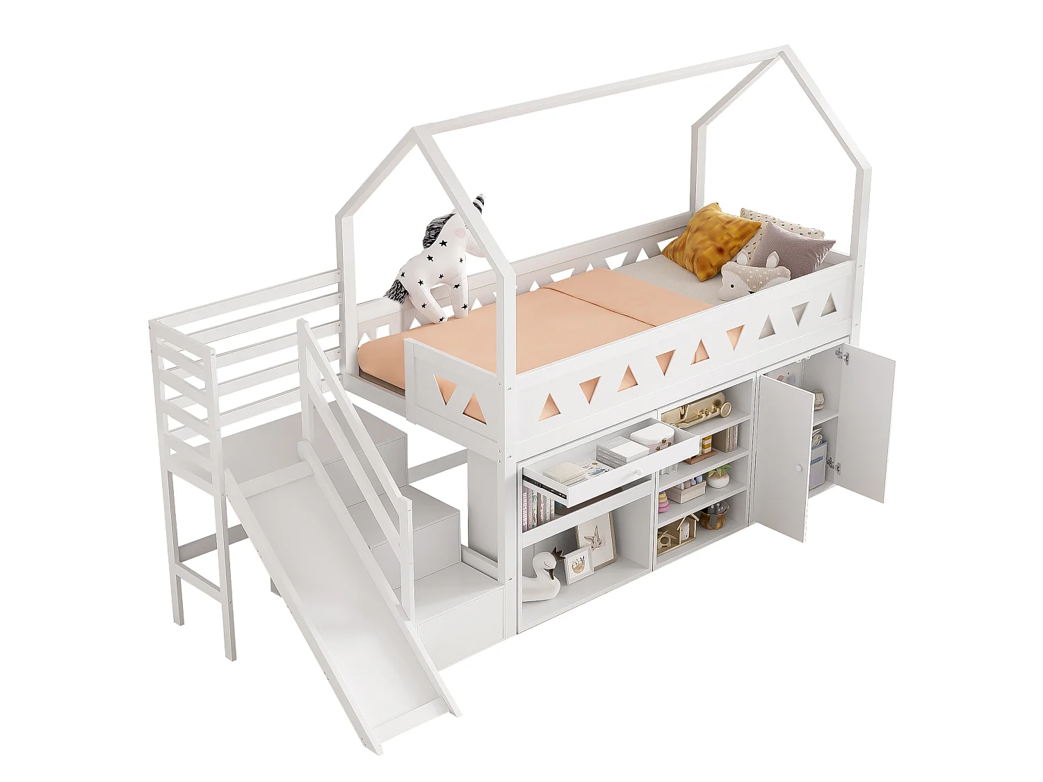 Lit mezzanine enfant - 90 x 200 cm - avec toboggan + escalier + tiroirs + casier - bois massif - blanc