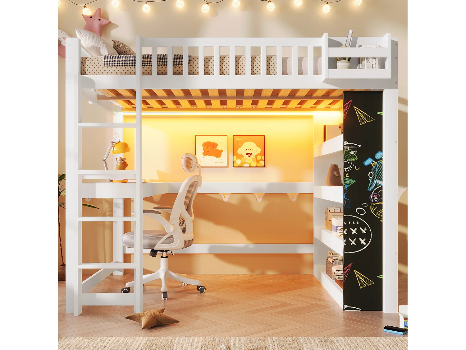 Lit mezzanine enfant - 140 x 200 cm - avec tableau noir + bureau + étagère de rangement + Leds - MDF + pin - blanc