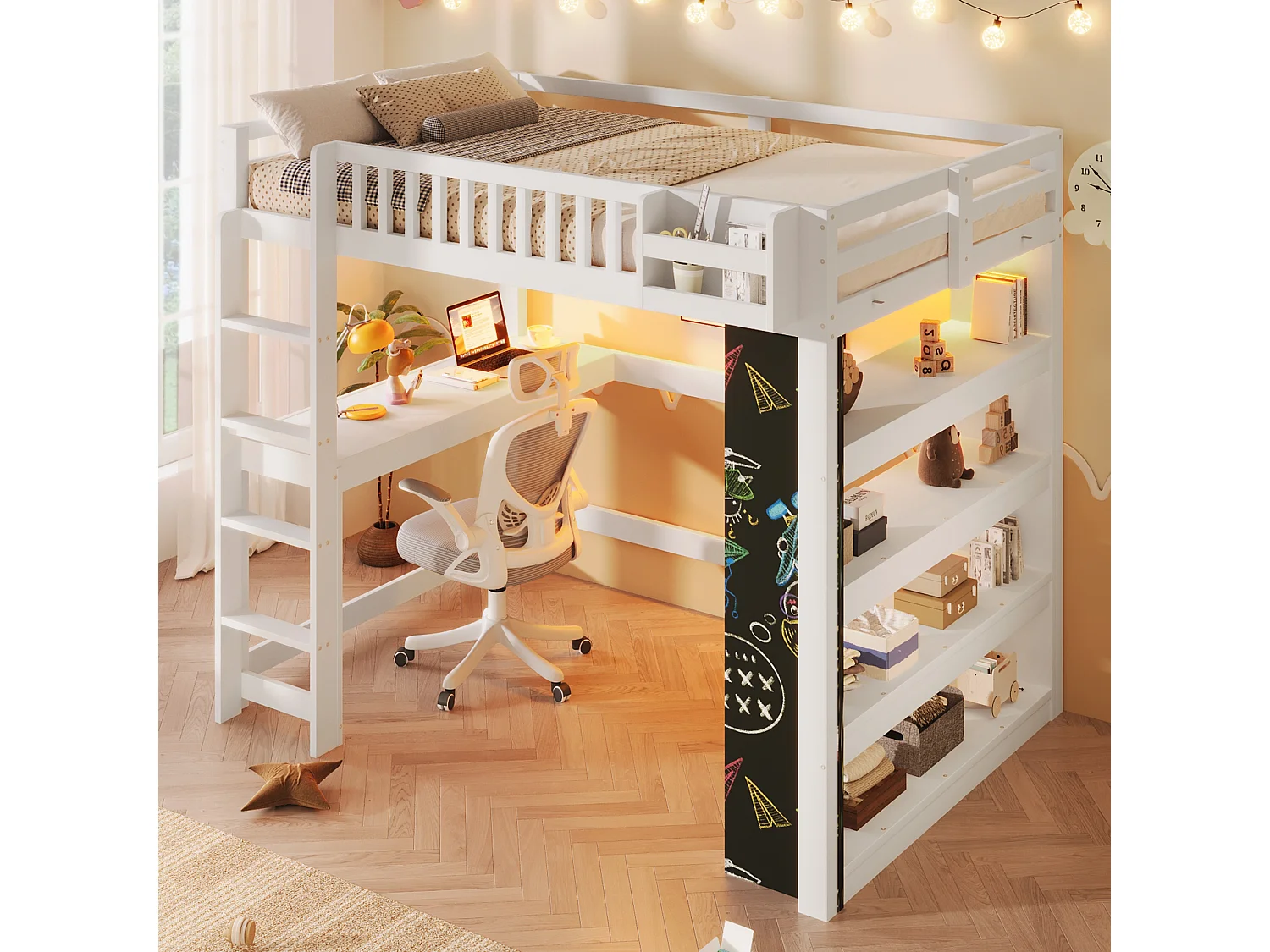 Lit mezzanine enfant - 140 x 200 cm - avec tableau noir + bureau + étagère de rangement + Leds - MDF + pin - blanc