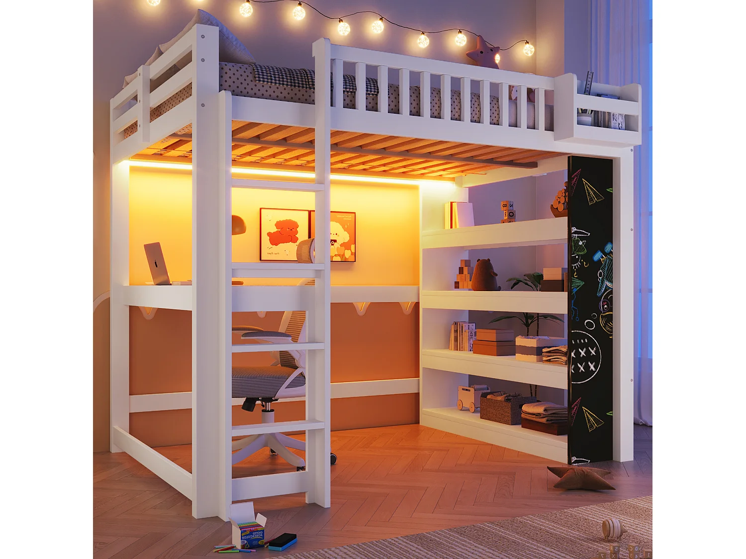Lit mezzanine enfant - 140 x 200 cm - avec tableau noir + bureau + étagère de rangement + Leds - MDF + pin - blanc