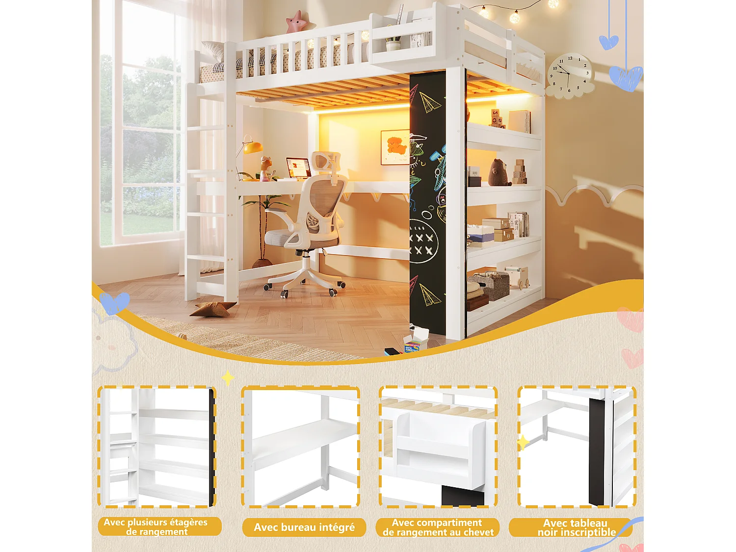 Lit mezzanine enfant - 140 x 200 cm - avec tableau noir + bureau + étagère de rangement + Leds - MDF + pin - blanc